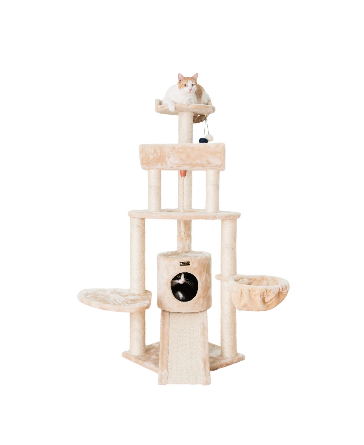 Spacious Faux Fur Real Wood Cat Tower With Basket Lounge, Ramp - Beige