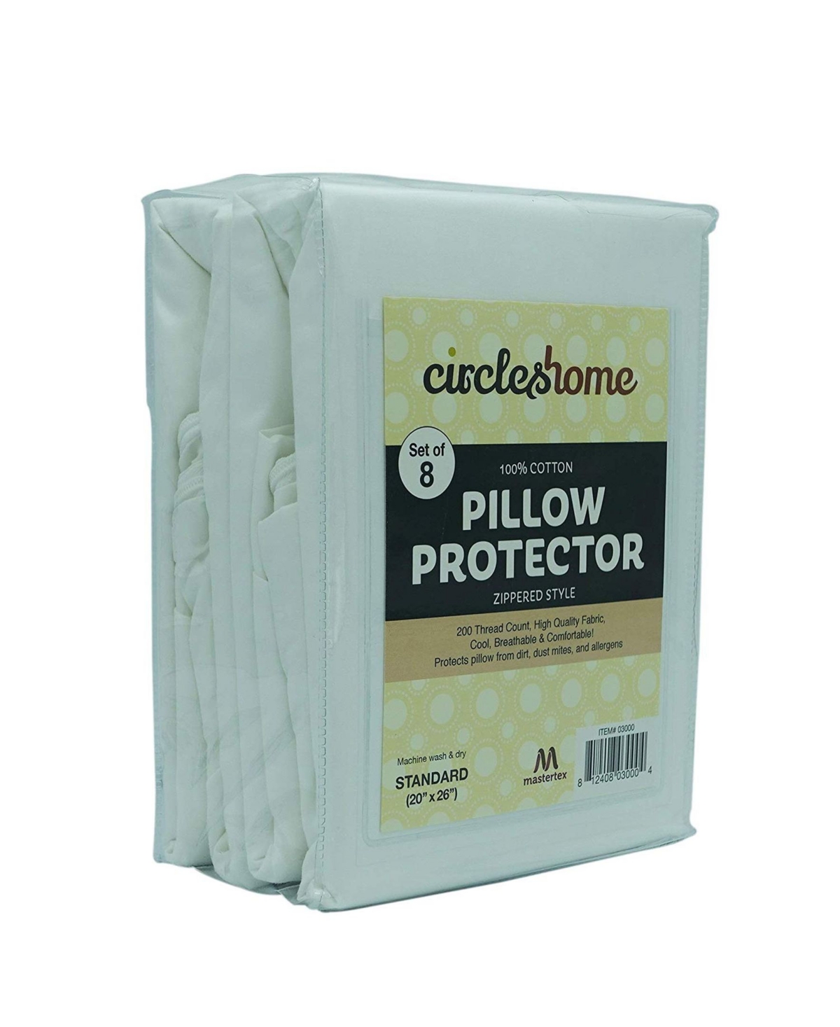 Circles Home 100% Cotton Breathable Pillow Protector with Zipper –(8 Pack) - White
