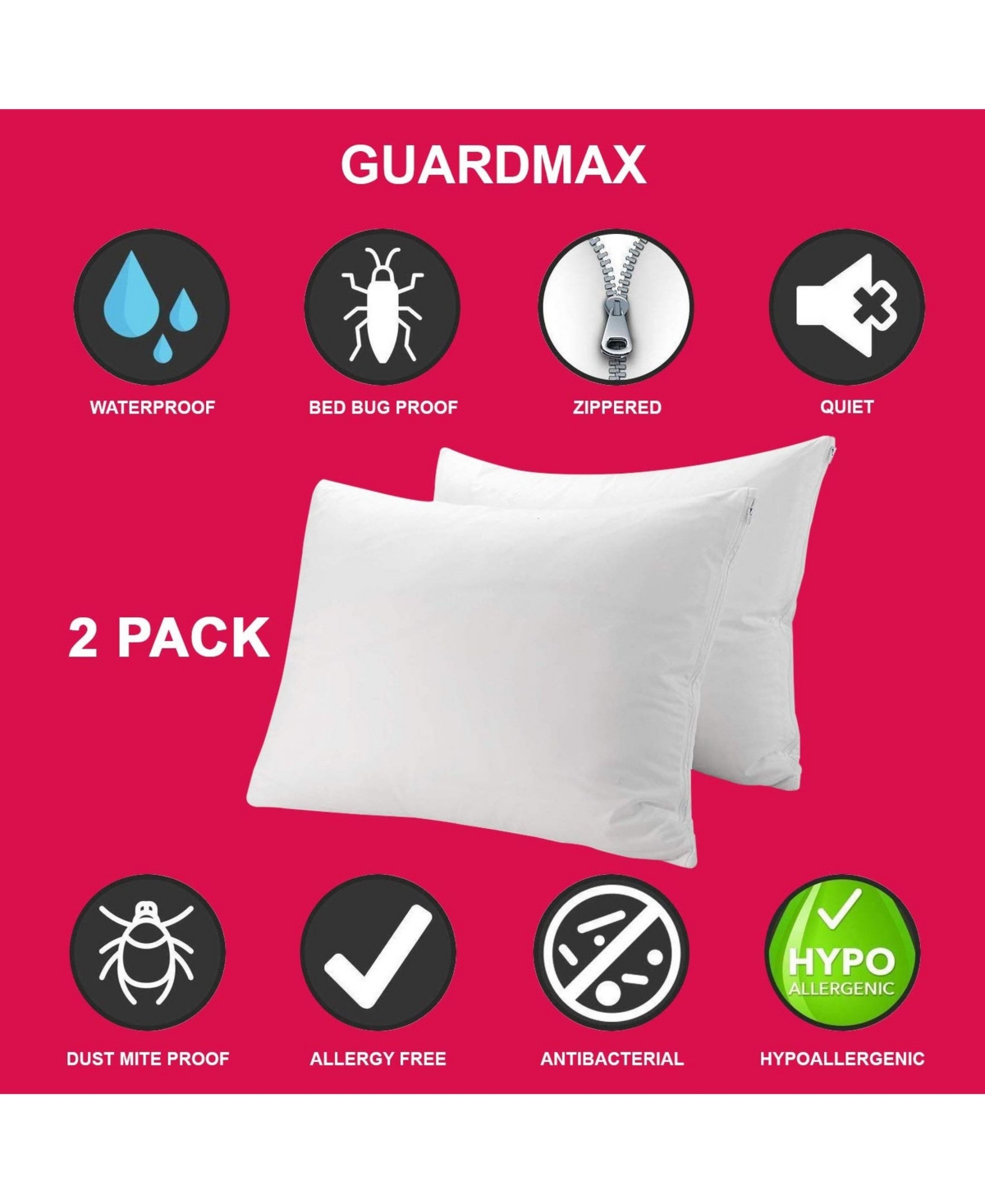 Guardmax Waterproof Zippered Pillow Protector - Size - 2 Pack