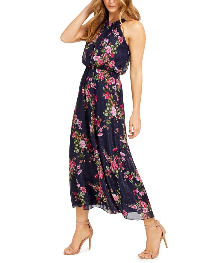 Robbie Bee Petite Floral-Print Maxi Halter Dress With Shine - Macy's