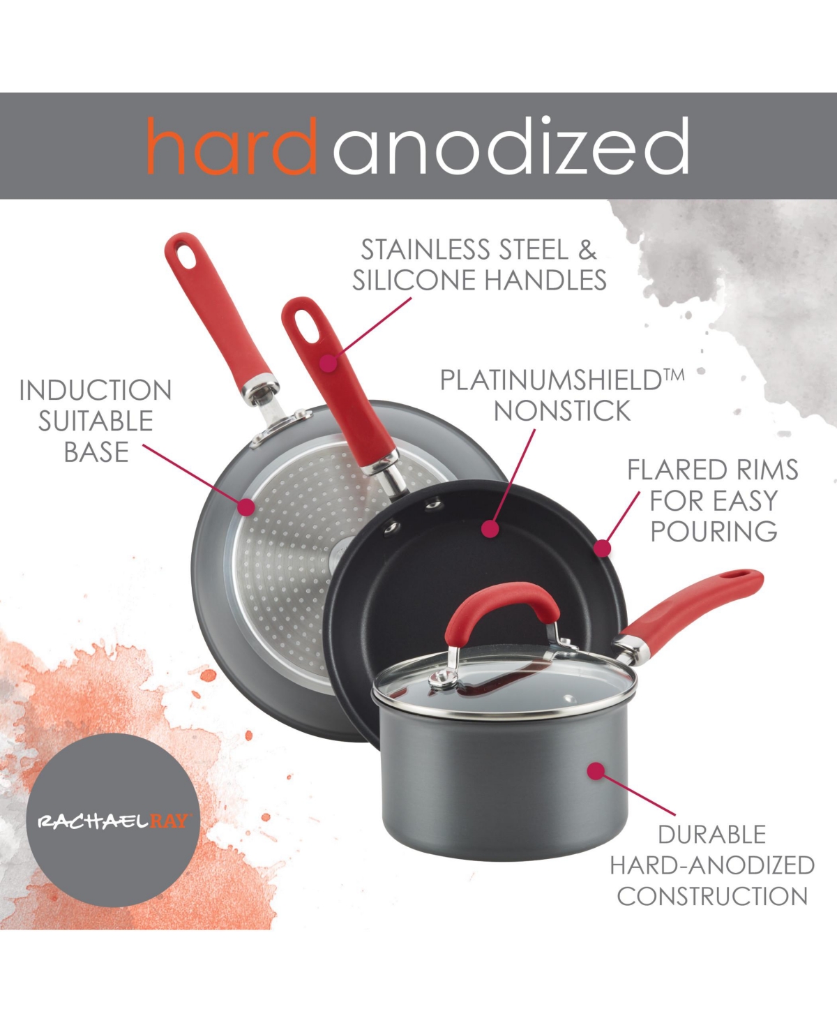 Rachael Ray Create Delicious Hard-Anodized Aluminum Nonstick Deep Skillet - Gray With Red Handle