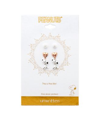 Unwritten Three Pair Silver Plated Snoopy Earring Set with Rose Gold Heart and CZ Bezel Stud 3890₽