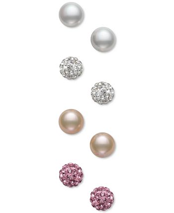 Macy's - 4-Pc. Set Cultured Freshwater Pearl (8mm) & Crystal Stud Earrings in Sterling Silver