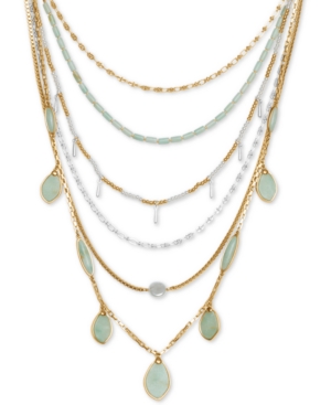 image of Lucky Brand Two-Tone Stone & Imitation Pearl Beaded Convertible Statement Necklace, 18
