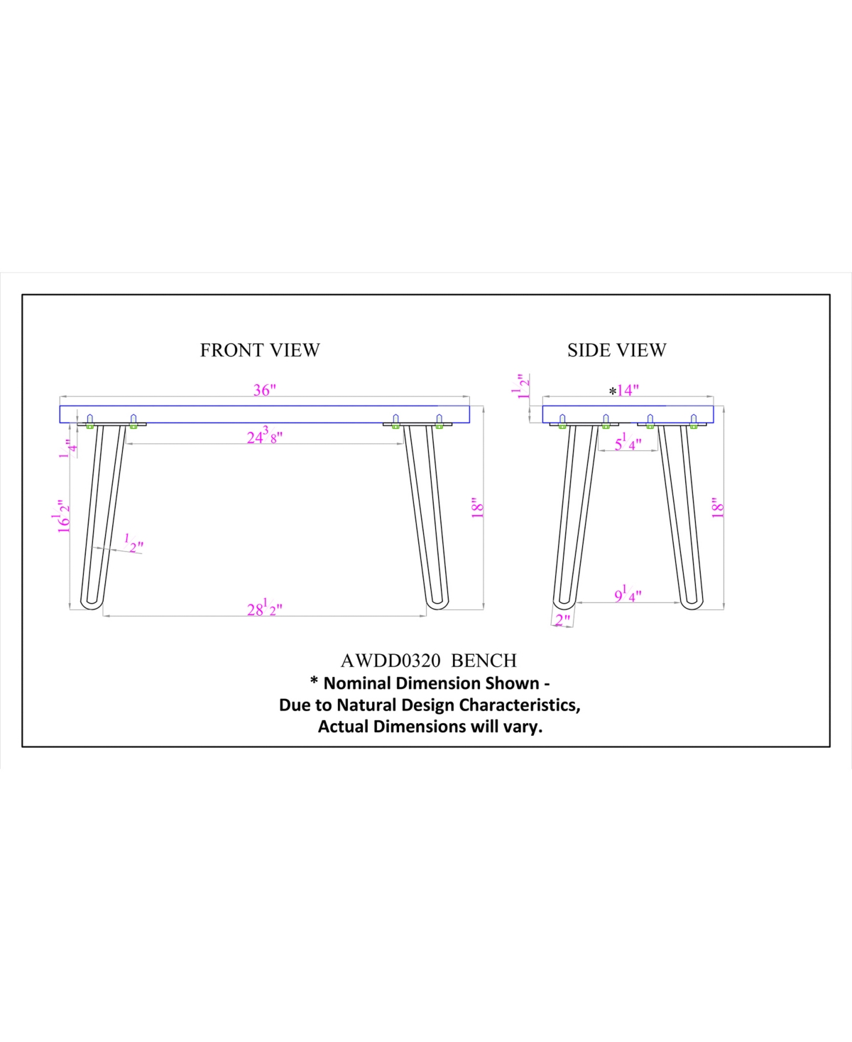 Alaterre Furniture Hairpin Natural Live Edge Bench with Coat Hook Set