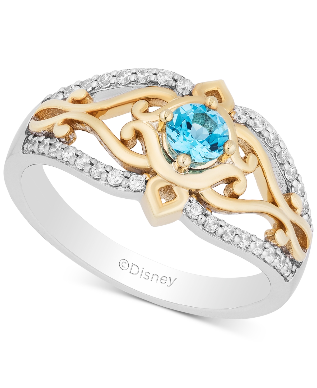 Enchanted Disney Swiss Blue Topaz (1/4 ct. t.w.) & Diamond (1/5 ct. t.w.) Jasmine Ring in 14k Gold & Sterling Silver - STERLING SILVER / yellow gold