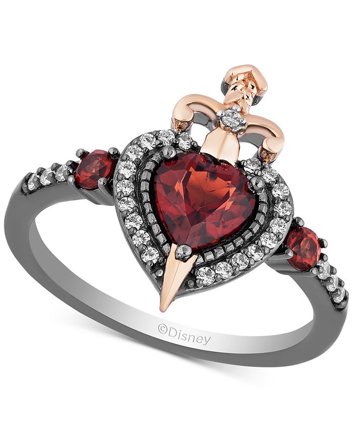 Enchanted Disney Fine Jewelry - Garnet (7/8 ct. t.w.) & Diamond (1/6 ct. t.w.) Evil Queen Heart & Sword Ring in 14k Rose Gold & Black Rhodium-Plated Sterling Silver