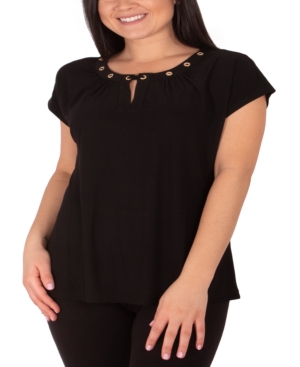 Ny Collection Plus Size Short Sleeve Jewel Neck Top With Grommets In Black
