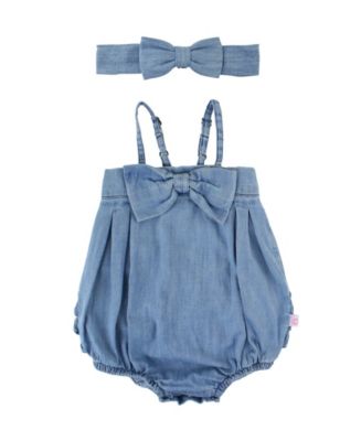 RuffleButts Baby Girl Light Wash Denim Bubble Romper and Headband Set ...