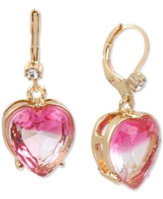 Betsey Johnson Gold-Tone Stone Heart Drop Earrings - Macy's