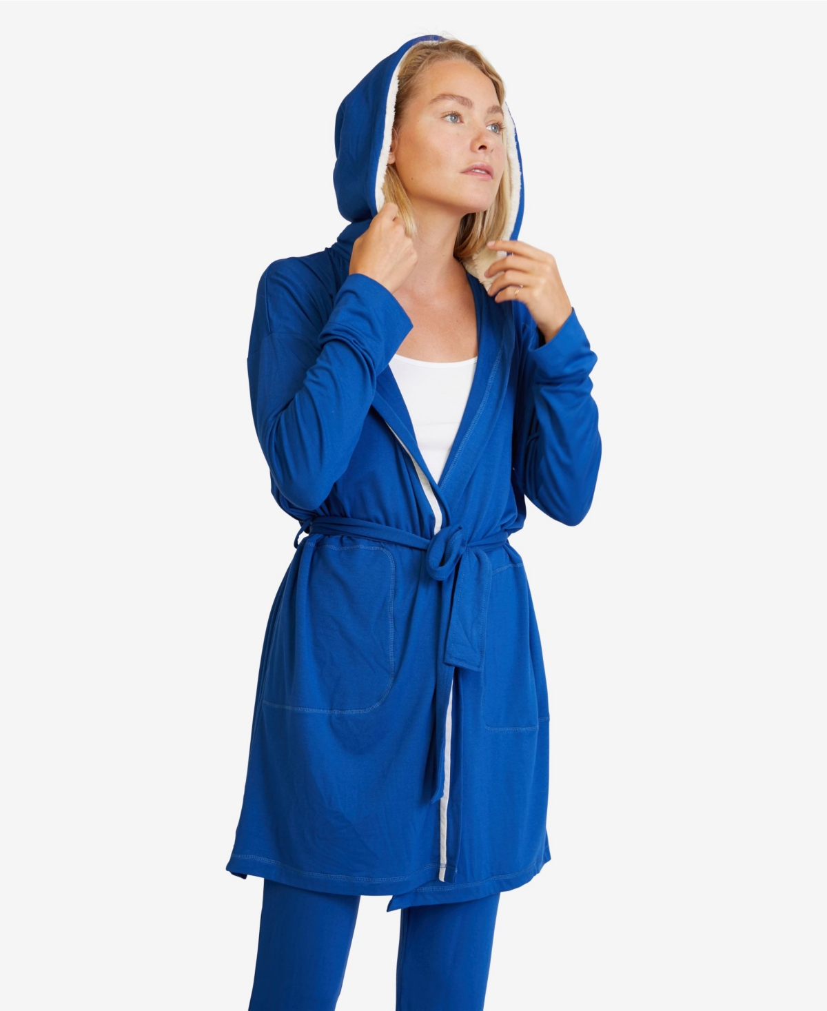 Women's Hooded Jersey Robe and Pants Loungewear - Navy