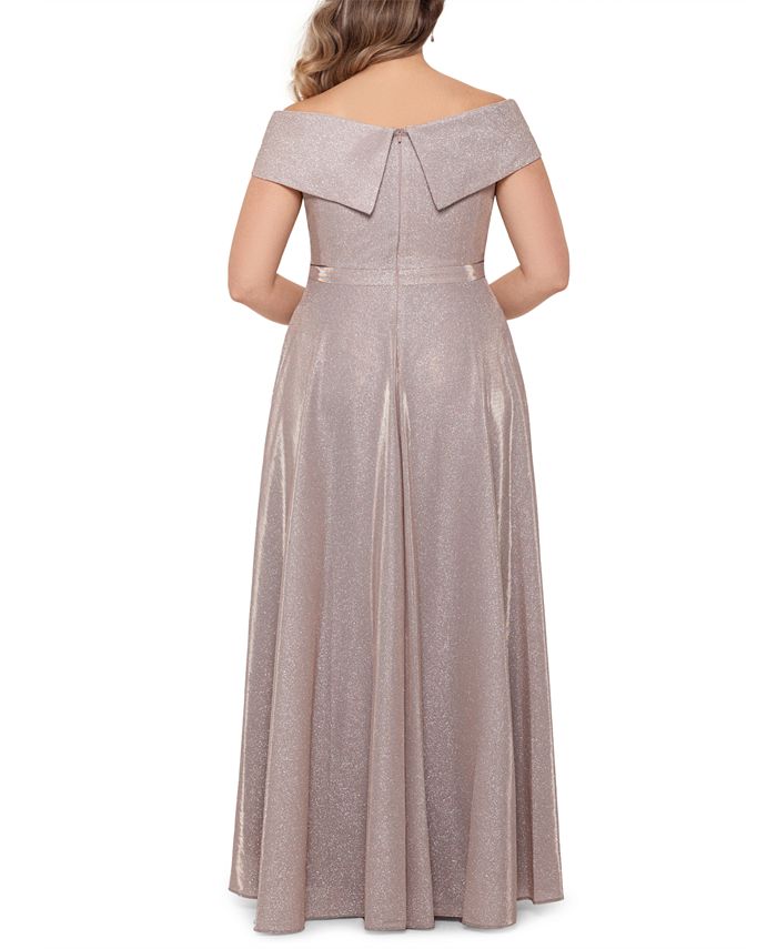 xscape off the shoulder glitter gown
