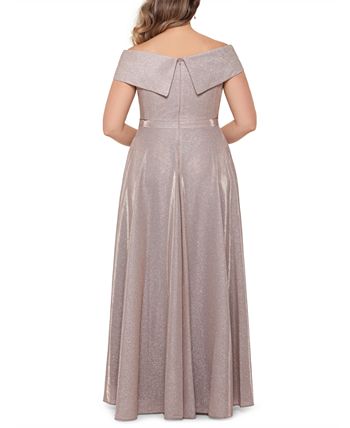 XSCAPE - Plus Size Off-the-Shoulder Glitter Gown