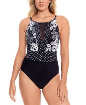Swim Solutions - New Flower Spot Mesh Insert One-Piece Swimsuit