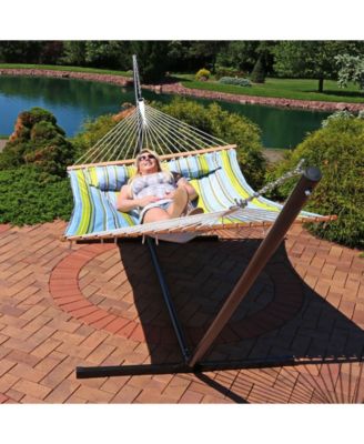 Outdoor 2-Person Quilted Fabric Hammock with Spreader Bars and Freestanding Stand