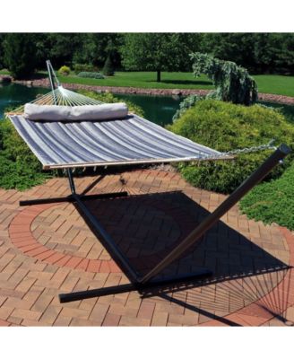 Outdoor 2-Person Quilted Fabric Hammock with Spreader Bars and Freestanding Stand