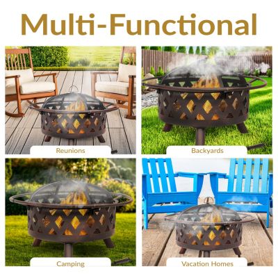 Outdoor Camping or Backyard Crossweave Cut Out Fire Pit with Spark Screen and Log Poker