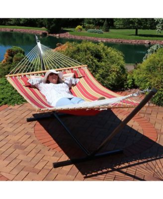Outdoor 2-Person Quilted Fabric Hammock with Spreader Bars and Freestanding Stand
