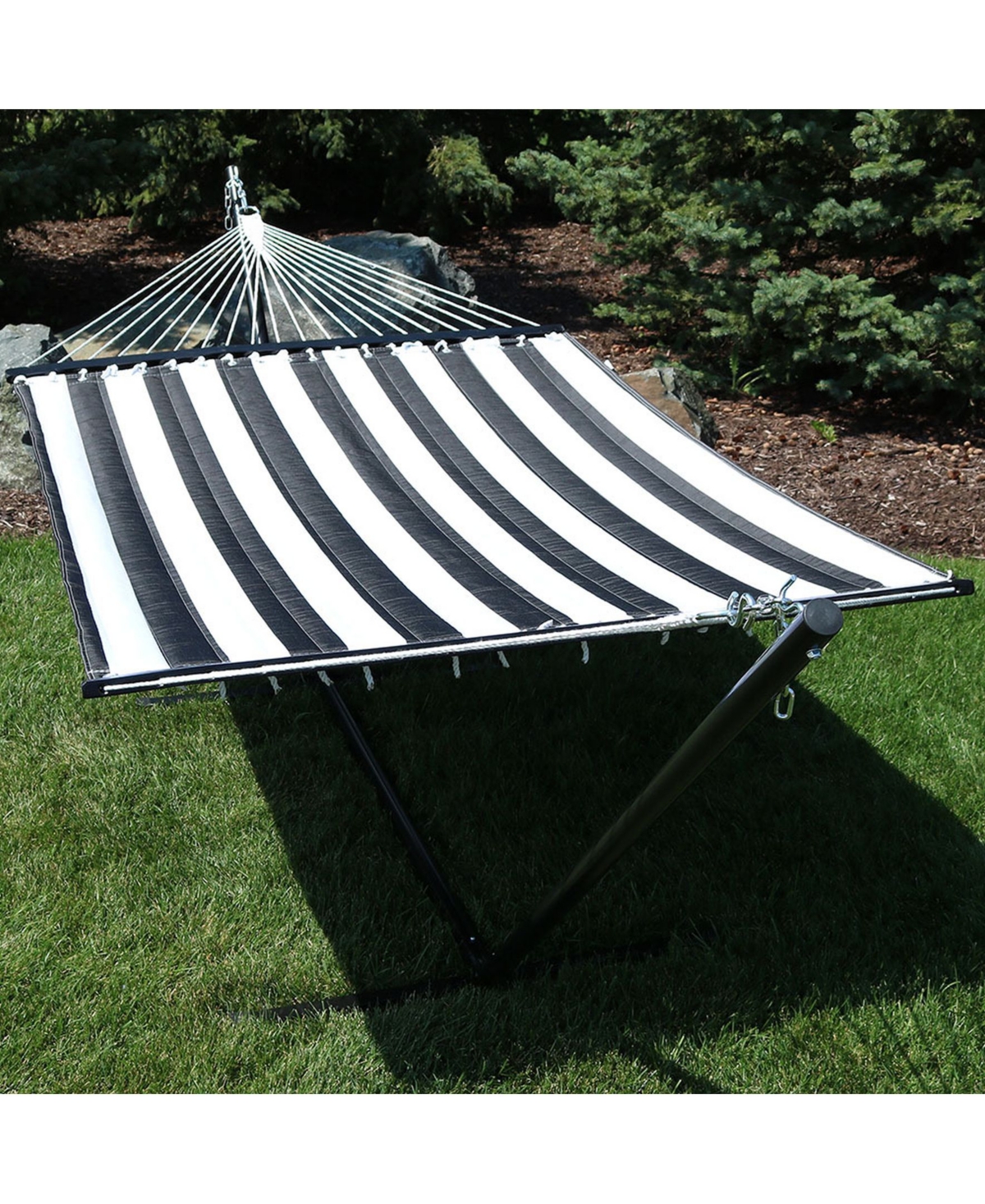 Outdoor 2-Person Quilted Fabric Hammock with Spreader Bars and Freestanding Stand