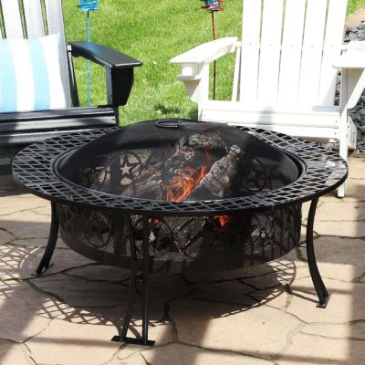 Outdoor Camping or Backyard Steel Round Four Star Fire Pit Table with Spark Screen - 40" - Black