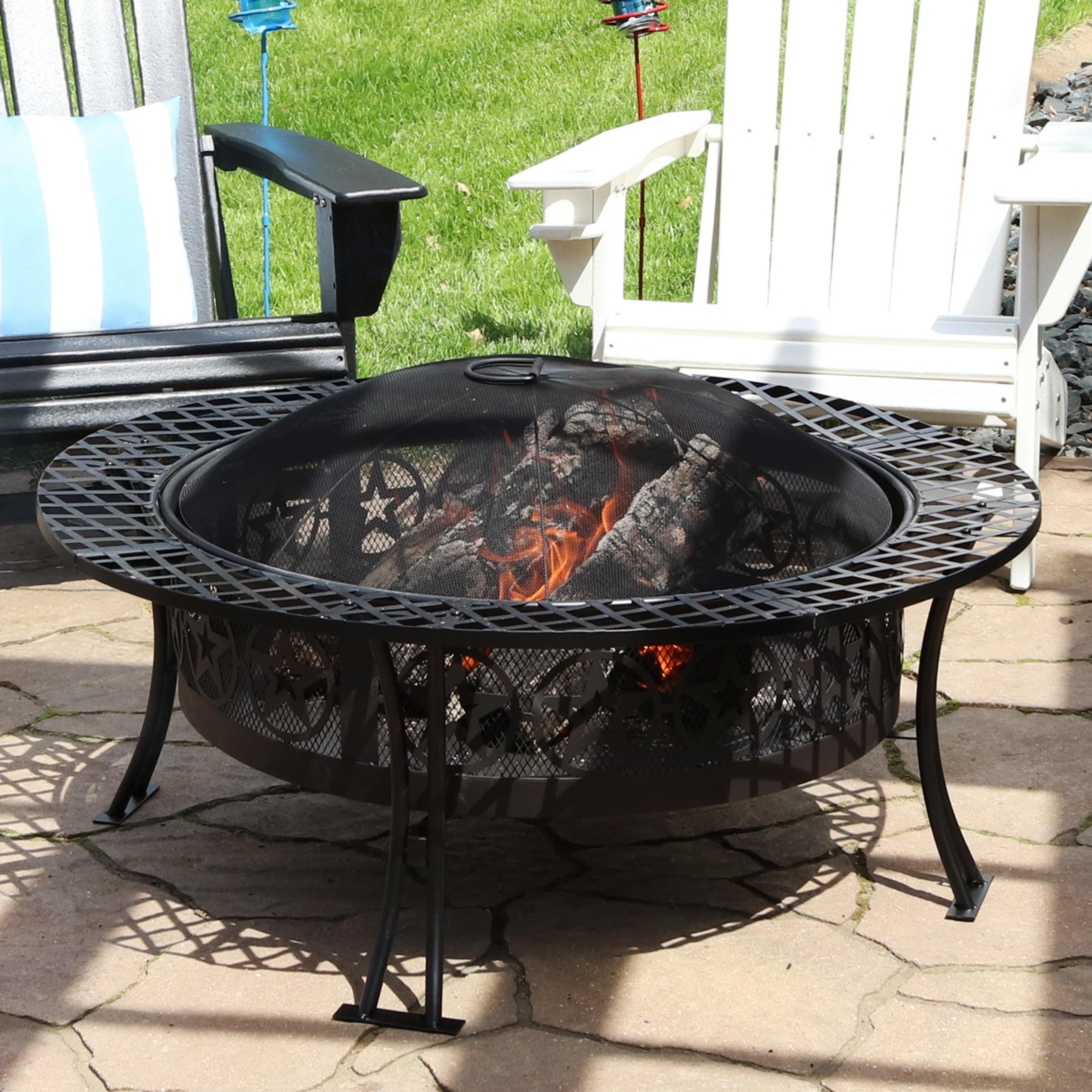 Outdoor Camping or Backyard Steel Round Four Star Fire Pit Table with Spark Screen - 40" - Black
