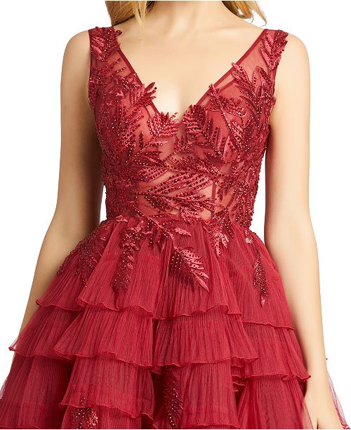 plunge neck ruffle tiered gown mac duggal