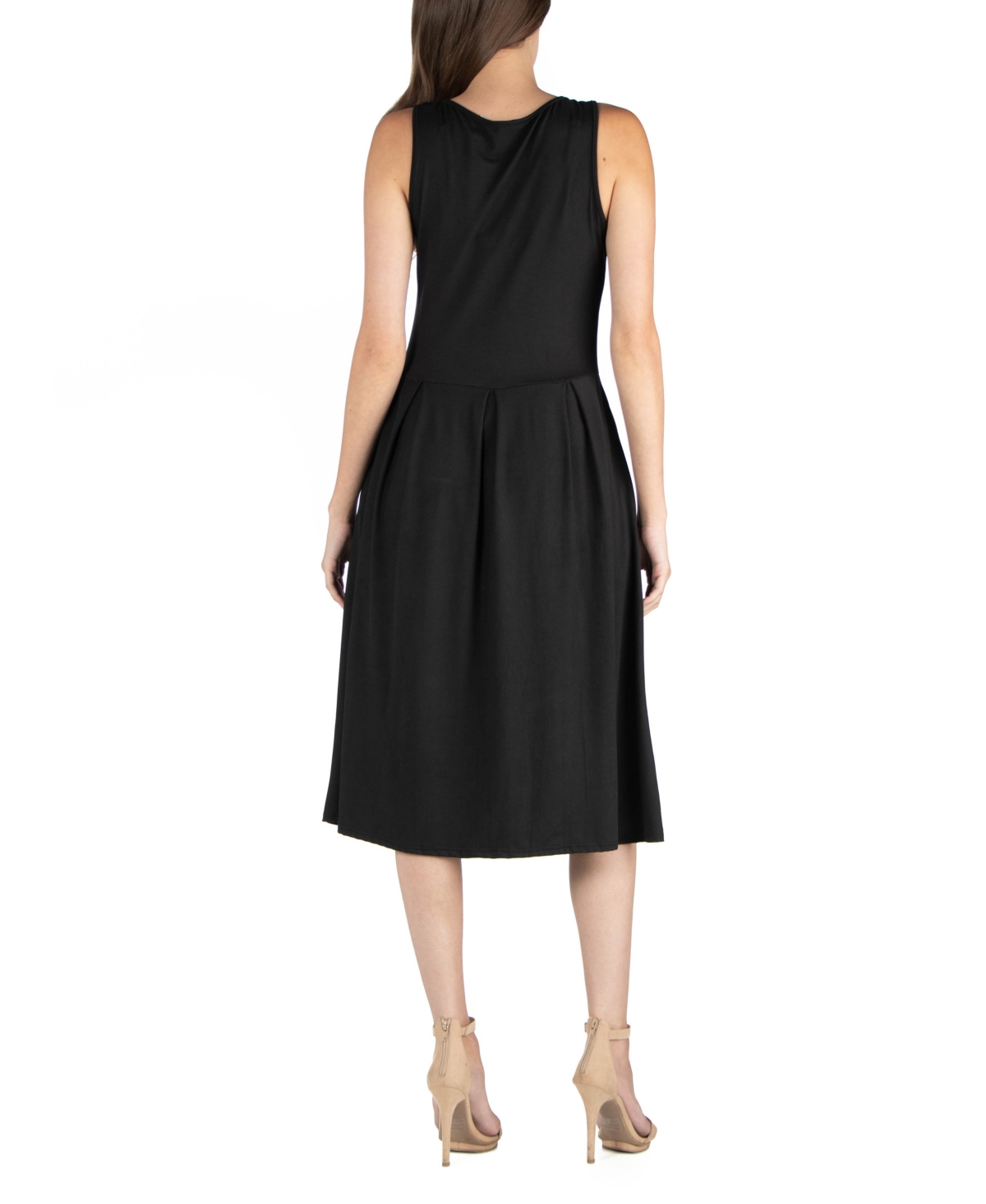 24seven Comfort Apparel Fit and Flare Midi Sleeveless Dress with Pocket Detail