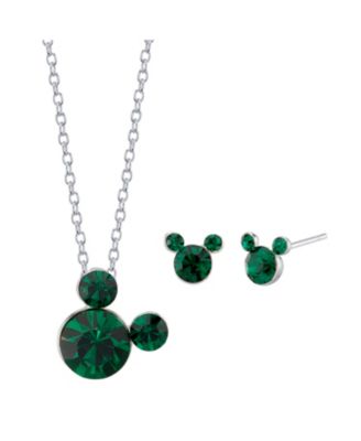 Disney - Fine Silver Plated Crystal Mickey Mouse Earring and Pendant Set, 16"+2" Extender