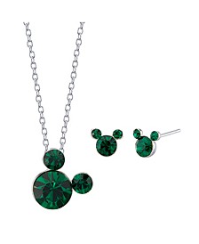 Silver Plated Crystal Birthstone Mickey Mouse Earring and Necklace Set, 16"+2" Extender
