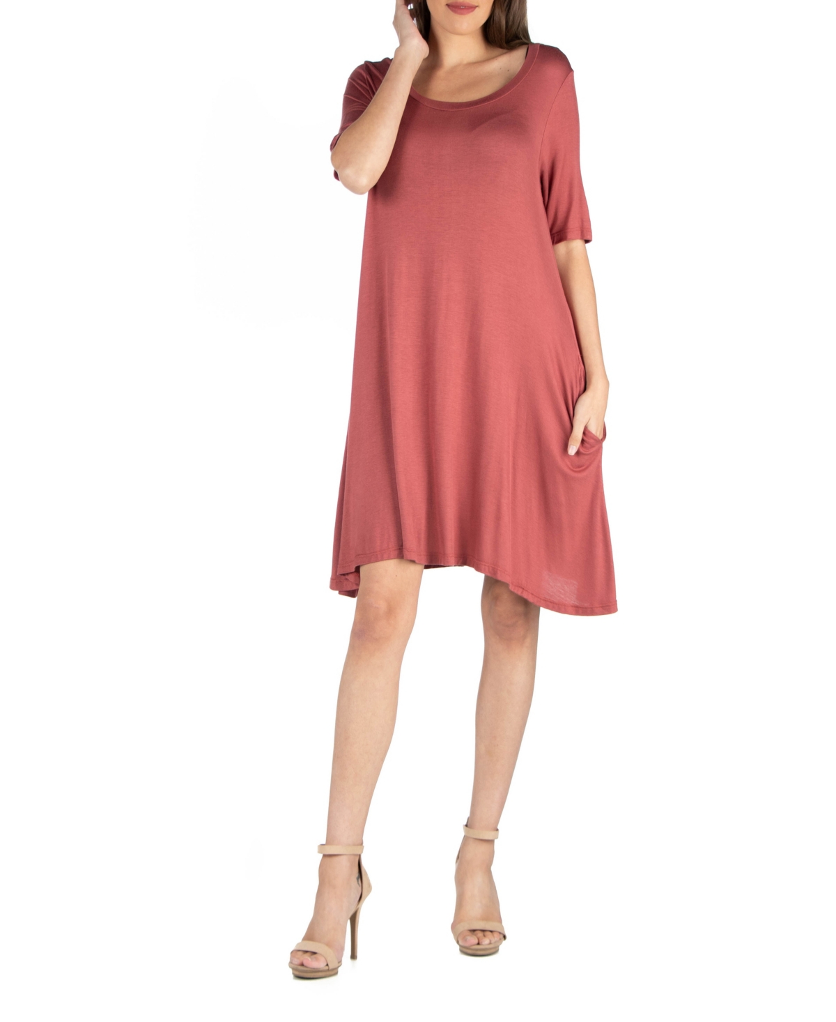 Soft Flare T-Shirt Dress with Pocket Detail - Cinnamon