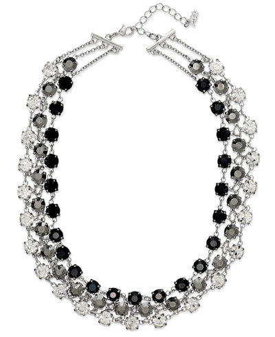 ABS by Allen Schwartz Necklace, Silver-Tone Glass Stone Three-Row Collar Necklace