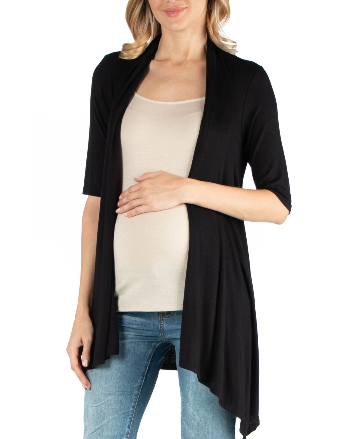 24seven Comfort Apparel Loose Fit Open Front Maternity Cardigan With Half Sleeve In Black