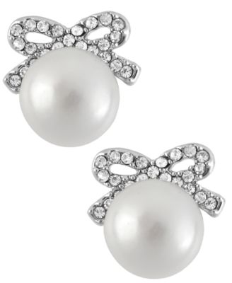Betsey Johnson - Silver-Tone Crystal Bow Imitation Pearl Stud Earrings