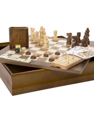 Hey Play 7-In-1 Classic Wooden Board Game Set - Old Fashioned Family Game Night Cards, Dice, Chess, Checkers, Backgammon, Dominoes And Cribbage