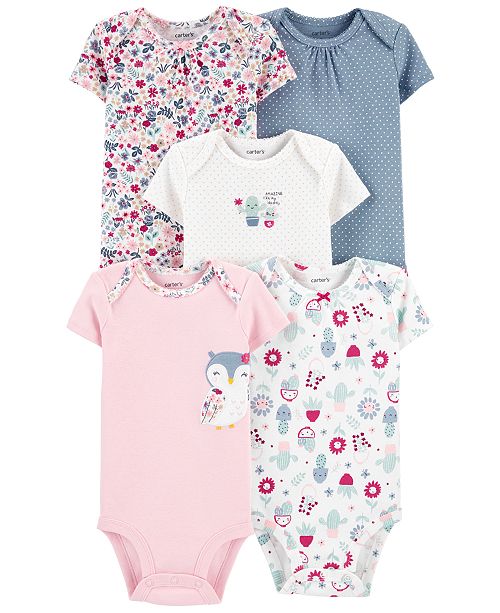 Carter S Baby Girls 5 Pack Flowers Owls Printed Cotton Bodysuits