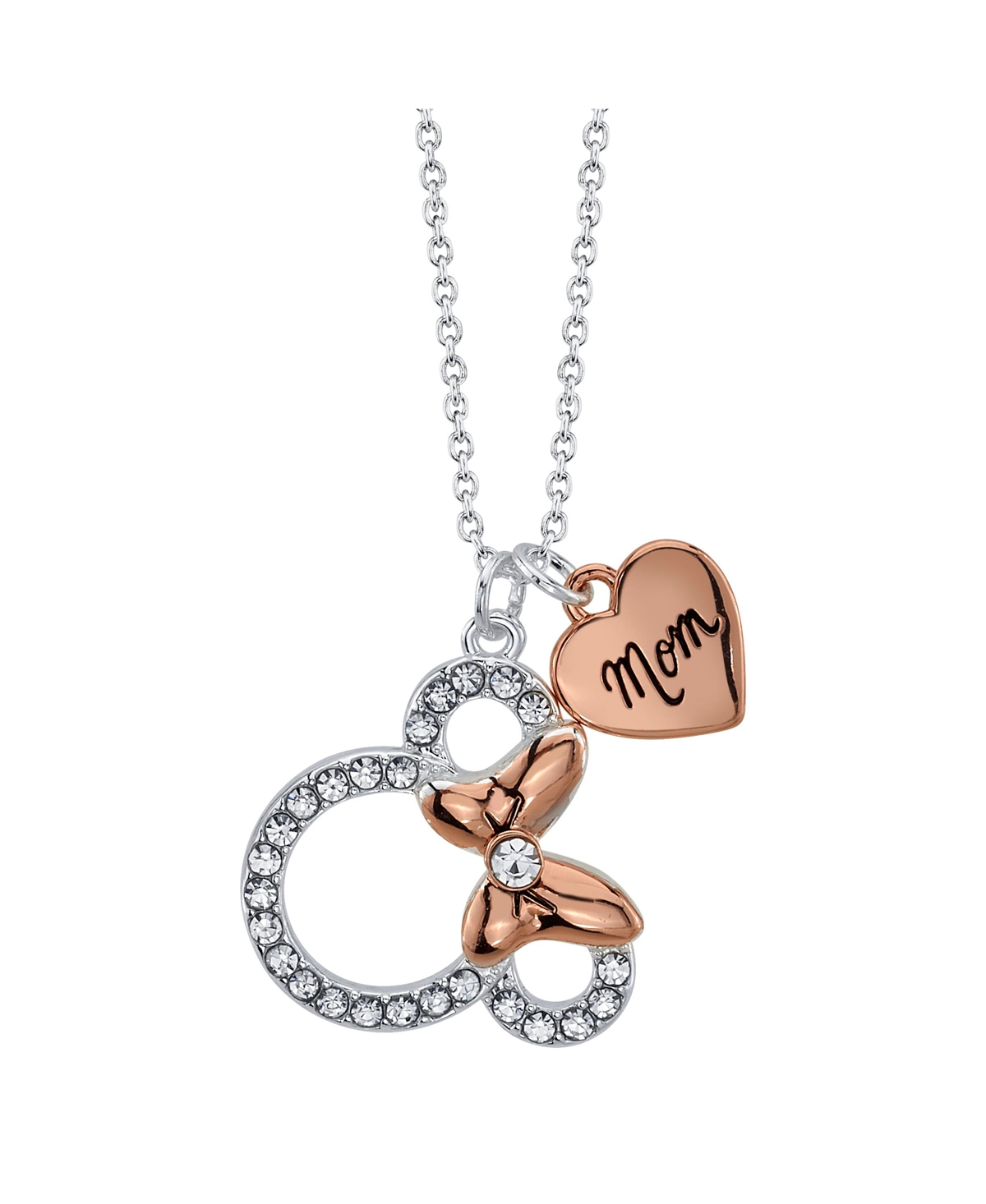 Silver Plated Clear Crystal Minnie Mouse "Mom'" Necklace, 16"+2" Extender - Pink