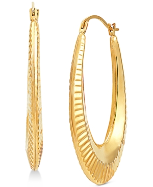 image of Ribbed Texture Oval Hoop Earrings in 14k Gold