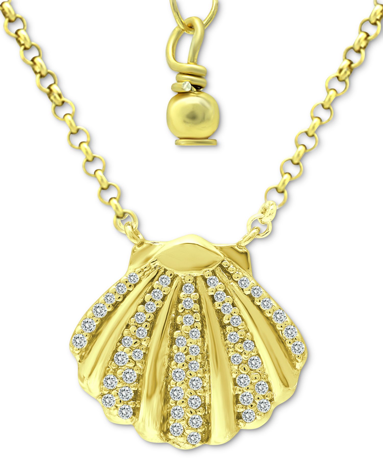 Cubic Zirconia Clam Shell Pendant Necklace in 18k Gold-Plated Sterling Silver, 16" + 2" extender