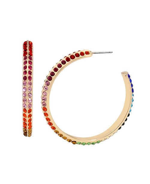 Betsey Johnson Rainbow Stone Hoop Earrings In Gold Tone Metal