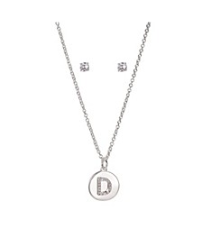Silver Plated Clear Cubic Zirconia Initial Coin Pendant and Earring Set, 16"+2" Extender