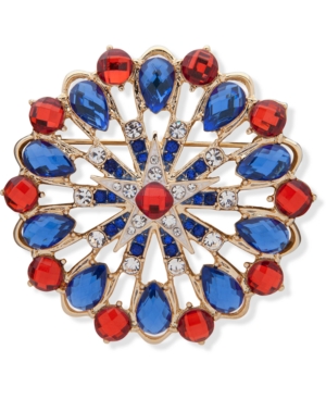 image of Anne Klein Gold-Tone Crystal & Stone Red, White & Blue Cluster Pin, Created for Macy-s