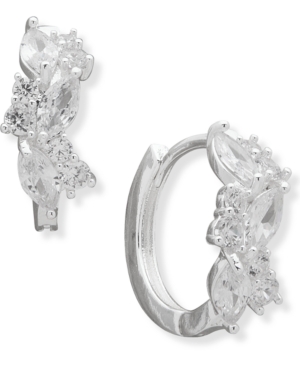 image of Anne Klein Silver-Tone Small Navette Crystal Huggie Hoop Earrings, 0.65