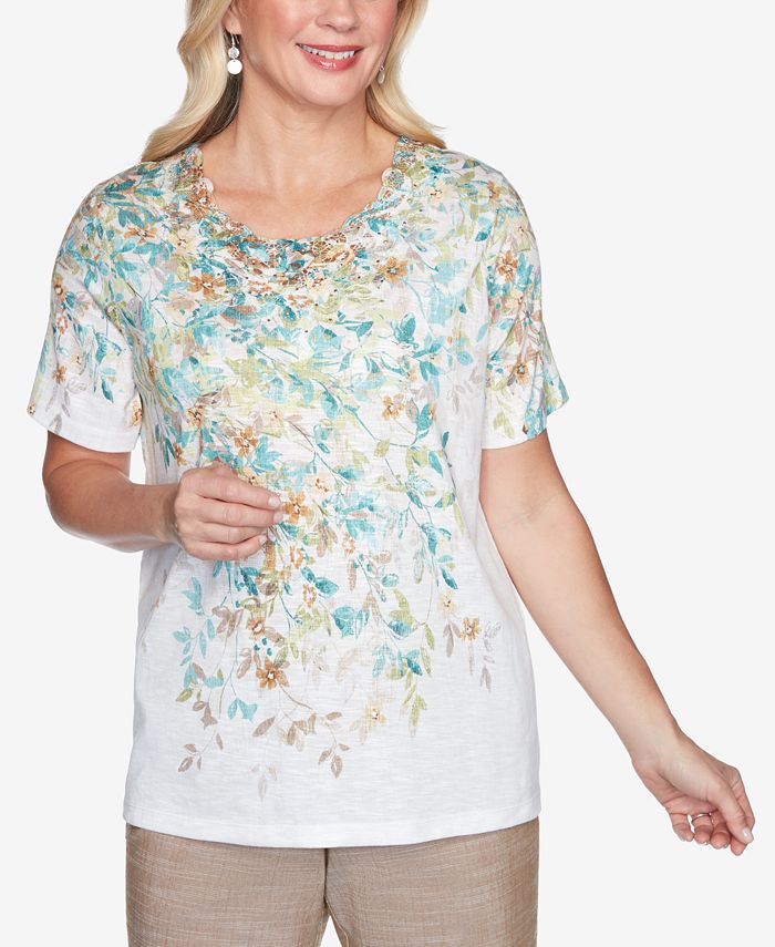 Alfred Dunner Short Sleeve Falling Leaves Lace Yoke Knit Top - Macy's