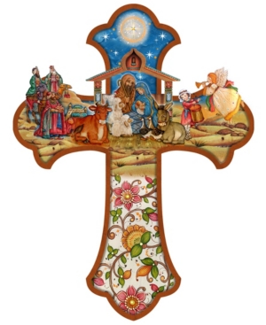 Designocracy Nativity Cross Wooden Ornaments Set of 2