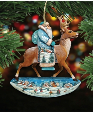 Designocracy Reindeer Ride Santa Wooden Christmas Ornament Set of 2