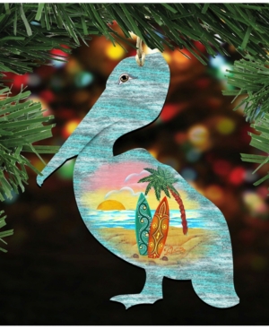 Designocracy Pelican Scenic Wooden Christmas Ornament Set of 2