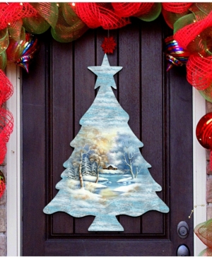 Designocracy Scenic Winter Tree Wooden Decorative Door Hanger In Multi
