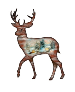Designocracy Woodsy Deer Scenic Wooden Christmas Ornament Set of 2