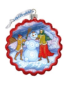Palekh Building Snowman Wreath Glass Ornament