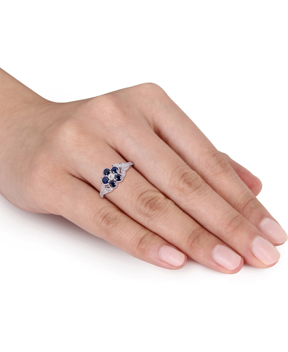 (4/5 ct. t.w.) & Diamond (1/6 ct. t.w.) Flower Ring in 10k White Gold - Sapphire